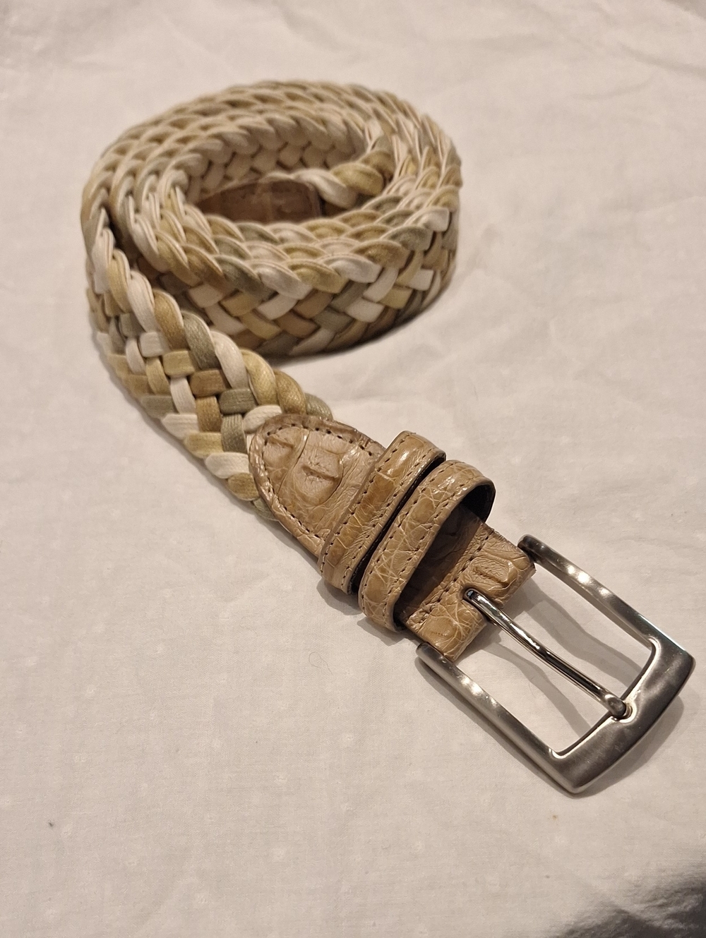 Braided Leather Weave With Solid Brass Buckle Belt - Beige White